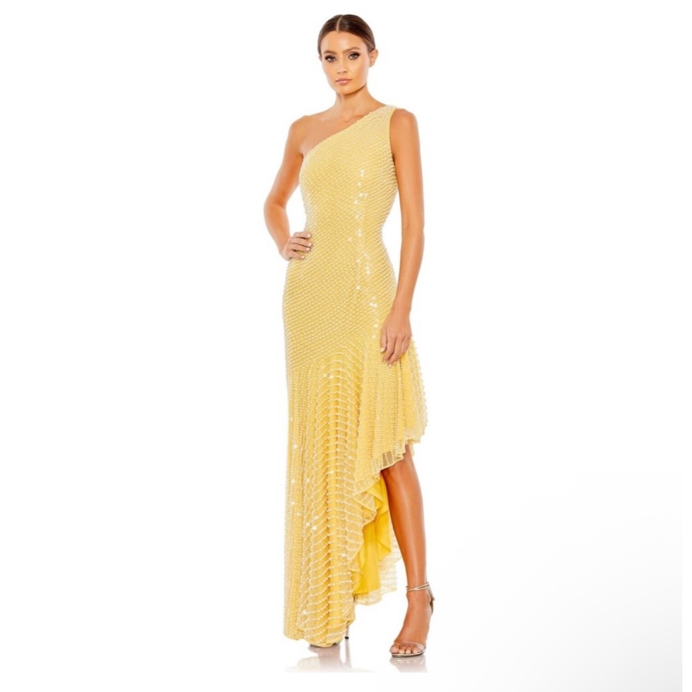 NWT Mac Duggal 93741 One Shoulder Asymmetrical Hem Dress Yellow Pearl Sz 14 $598
